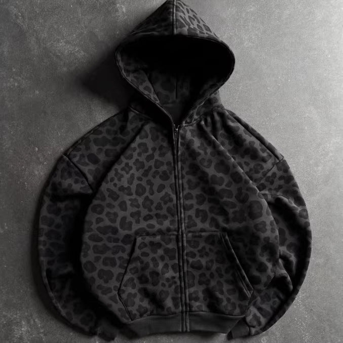 Retro Leopard Print Zip Up Hoodie