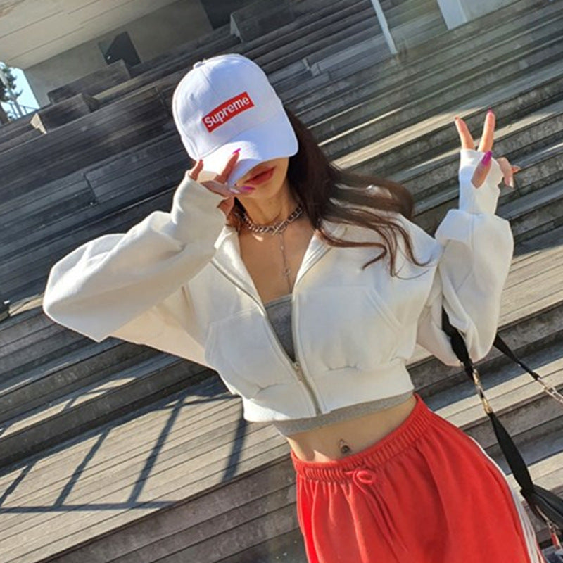 Women's Cotton Zipper Hoodie Streetwear Short Crop Sweatshirt
