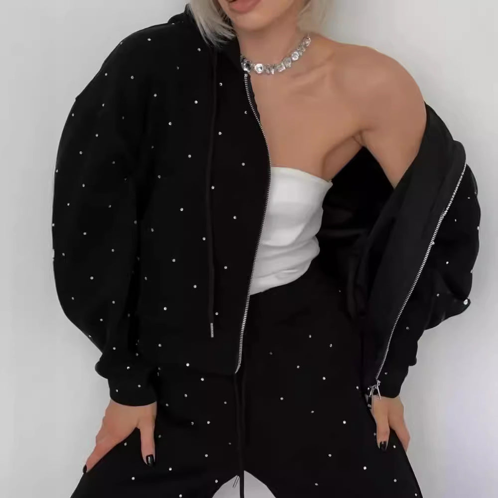 Rhinestone Hooded Womens Sportswear Set