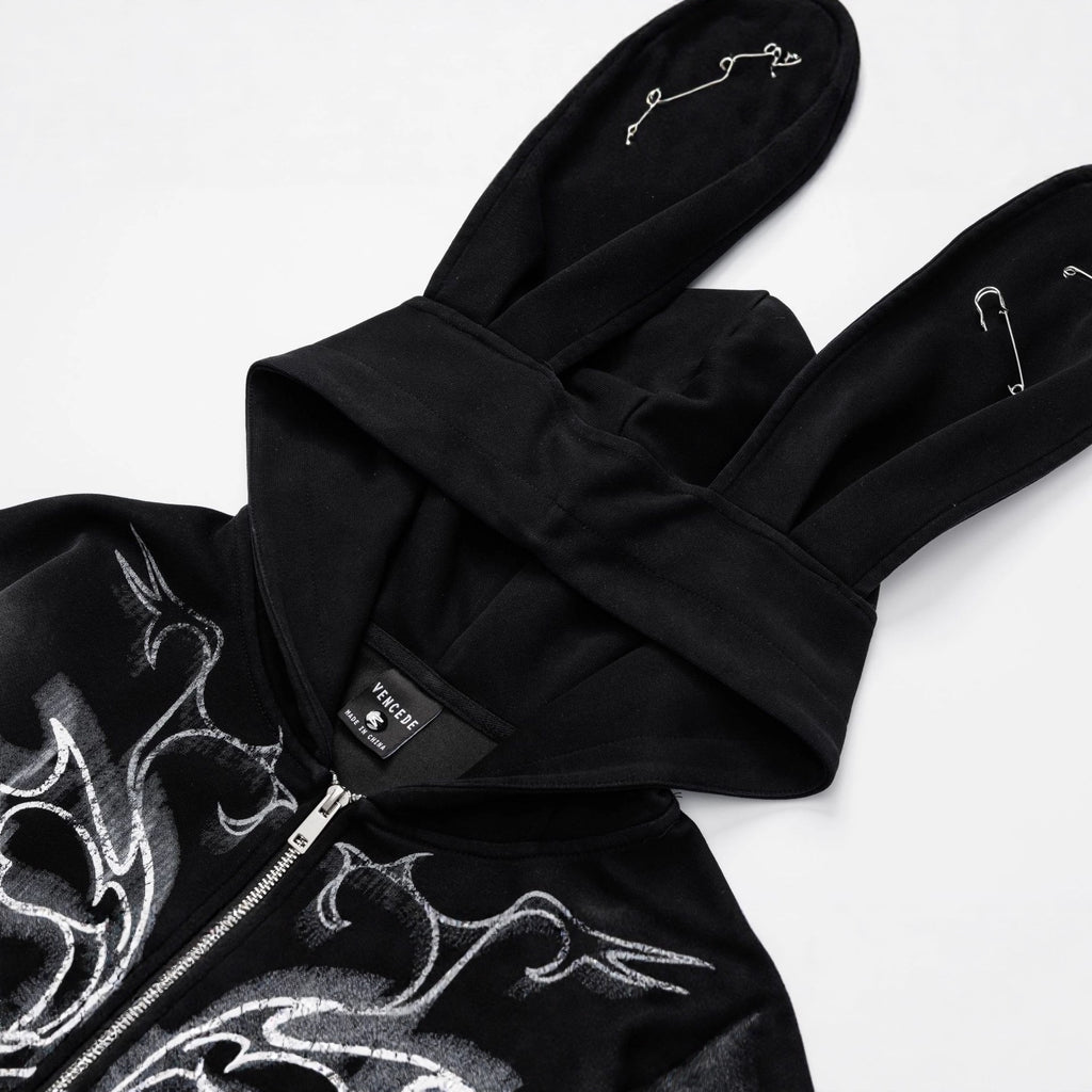 Women Y2K Pin Graffiti Rabbit Ears Hooded Sweatshirt Autumn Streetwear