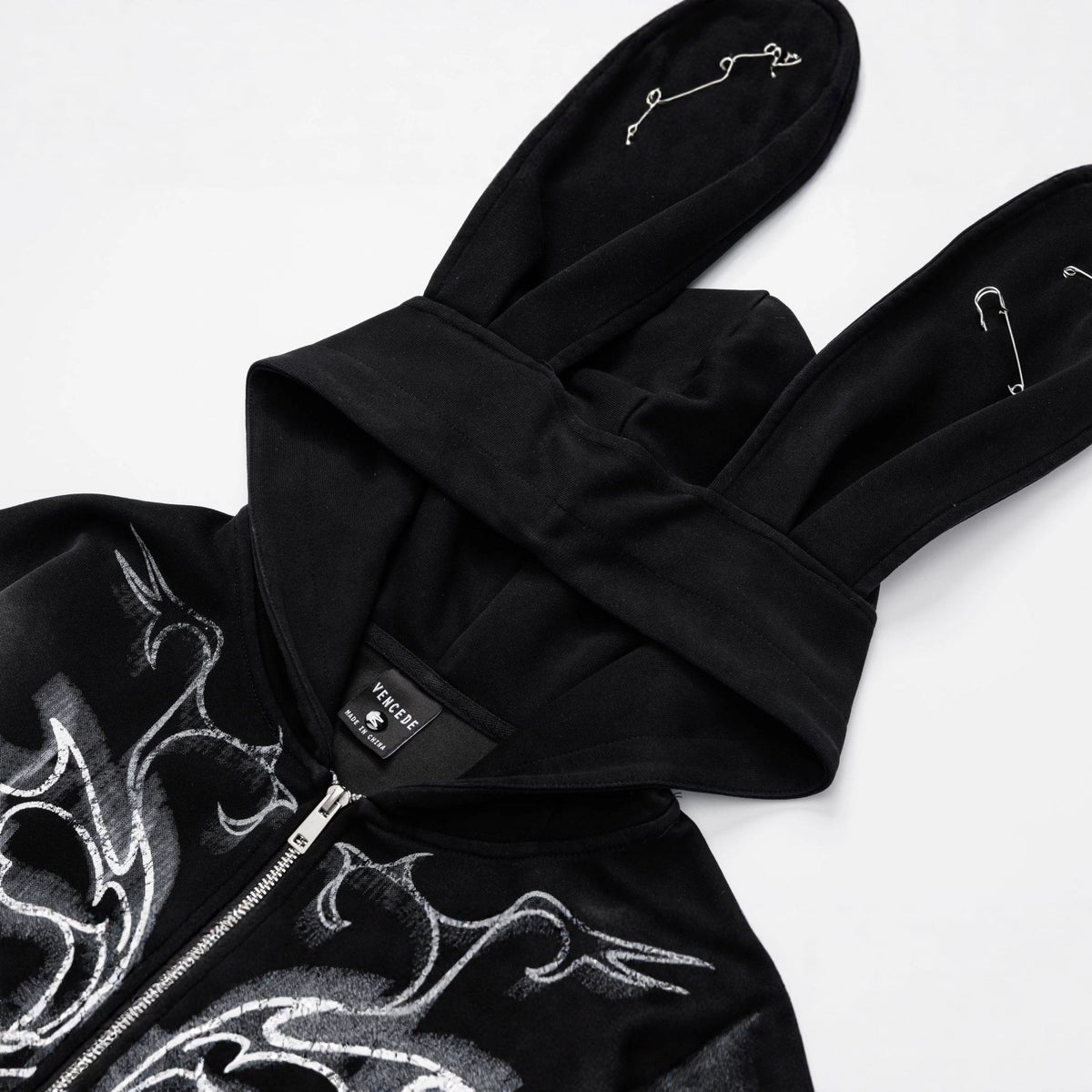 Women Y2K Pin Graffiti Rabbit Ears Hooded Sweatshirt Autumn Streetwear