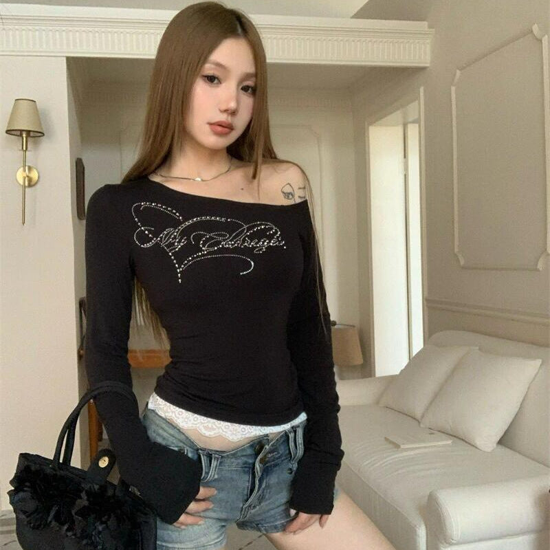 Women's Off-Shoulder Rhinestone Long Sleeve T-Shirt