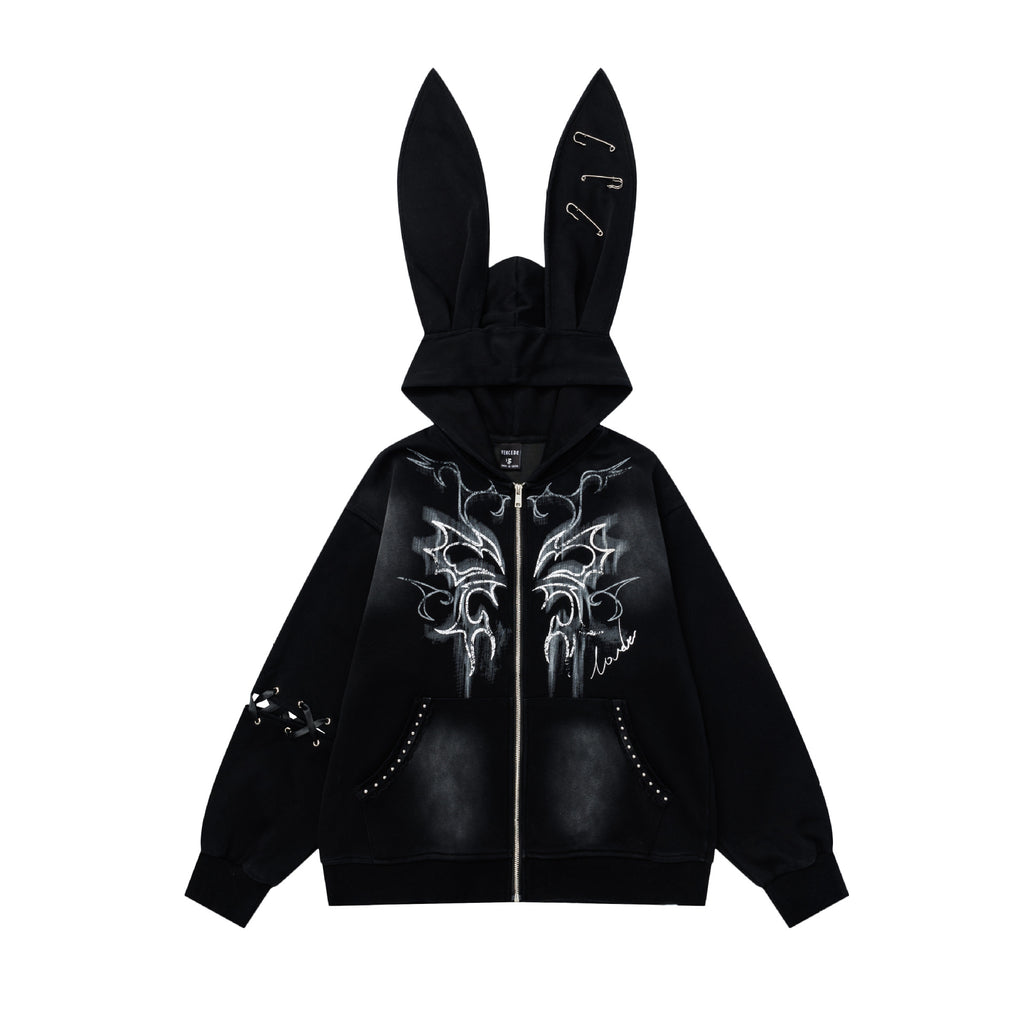Women Y2K Pin Graffiti Rabbit Ears Hooded Sweatshirt Autumn Streetwear