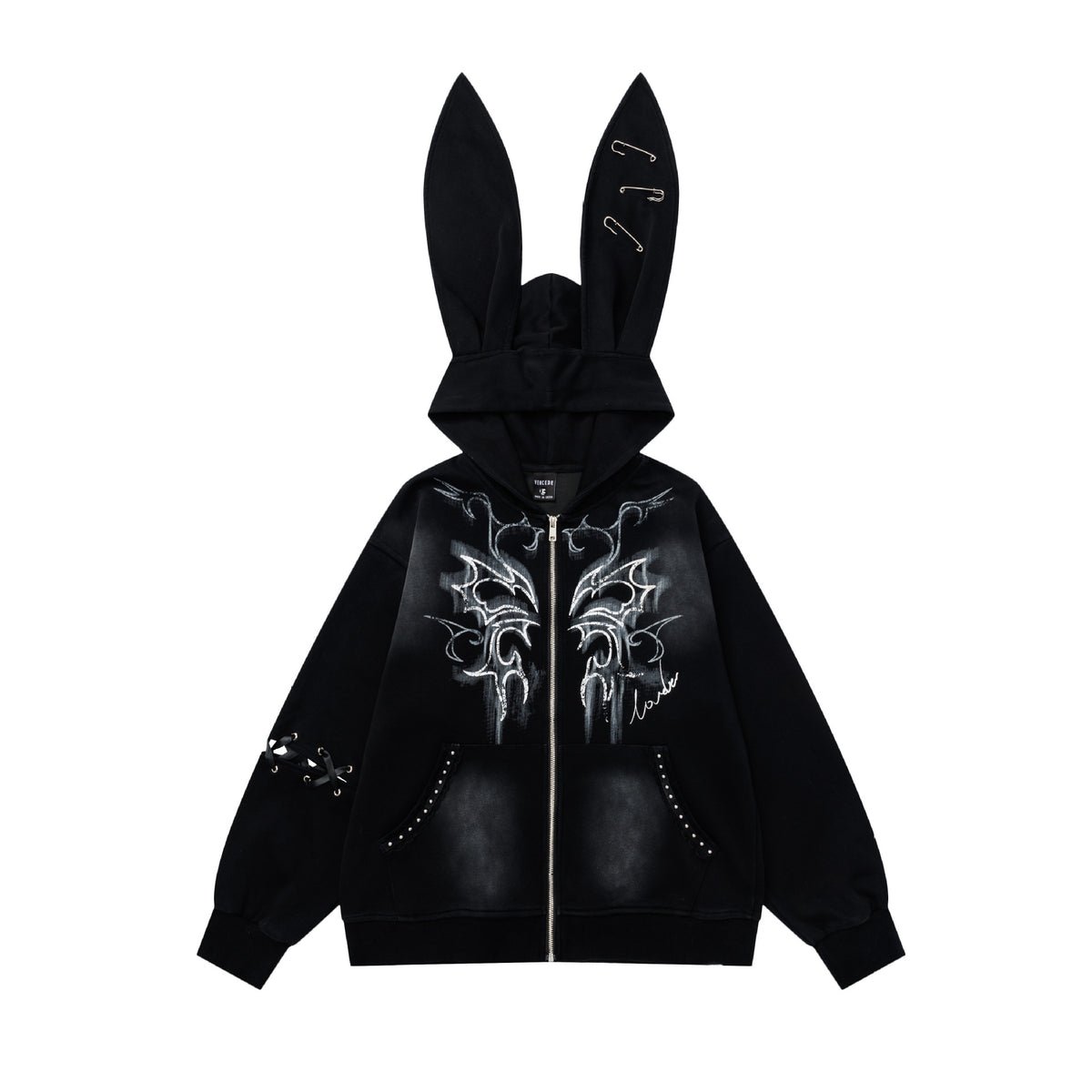 Women Y2K Pin Graffiti Rabbit Ears Hooded Sweatshirt Autumn Streetwear