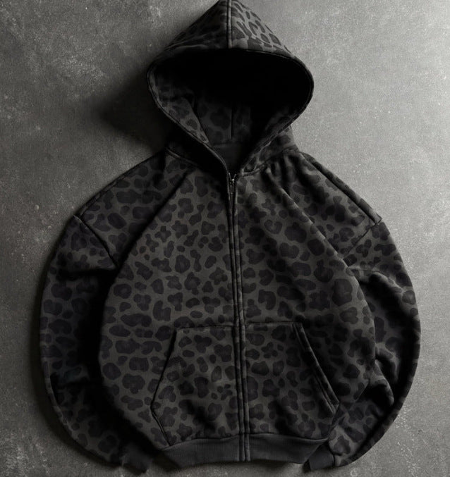 Retro Leopard Print Zip Up Hoodie