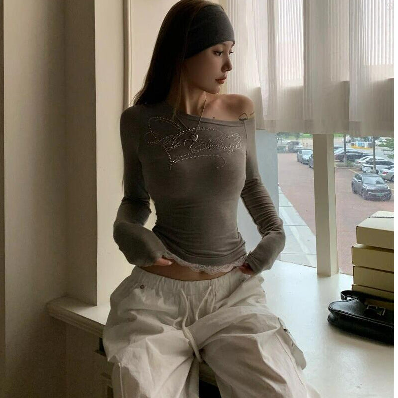 Women's Off-Shoulder Rhinestone Long Sleeve T-Shirt