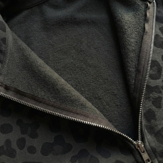 Retro Leopard Print Zip Up Hoodie