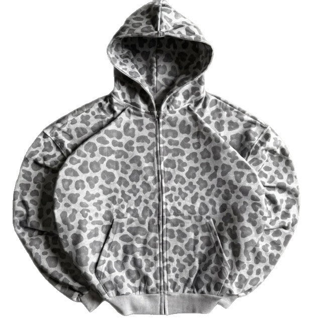 Retro Leopard Print Zip Up Hoodie