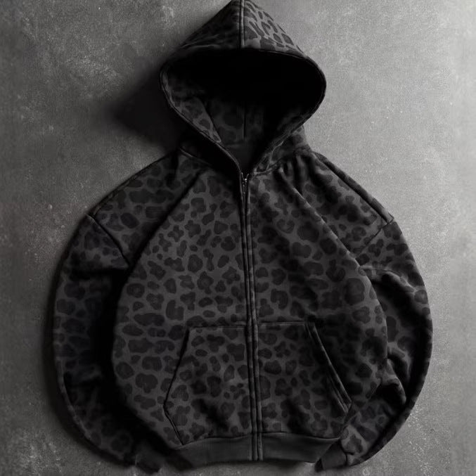 Retro Leopard Print Zip Up Hoodie