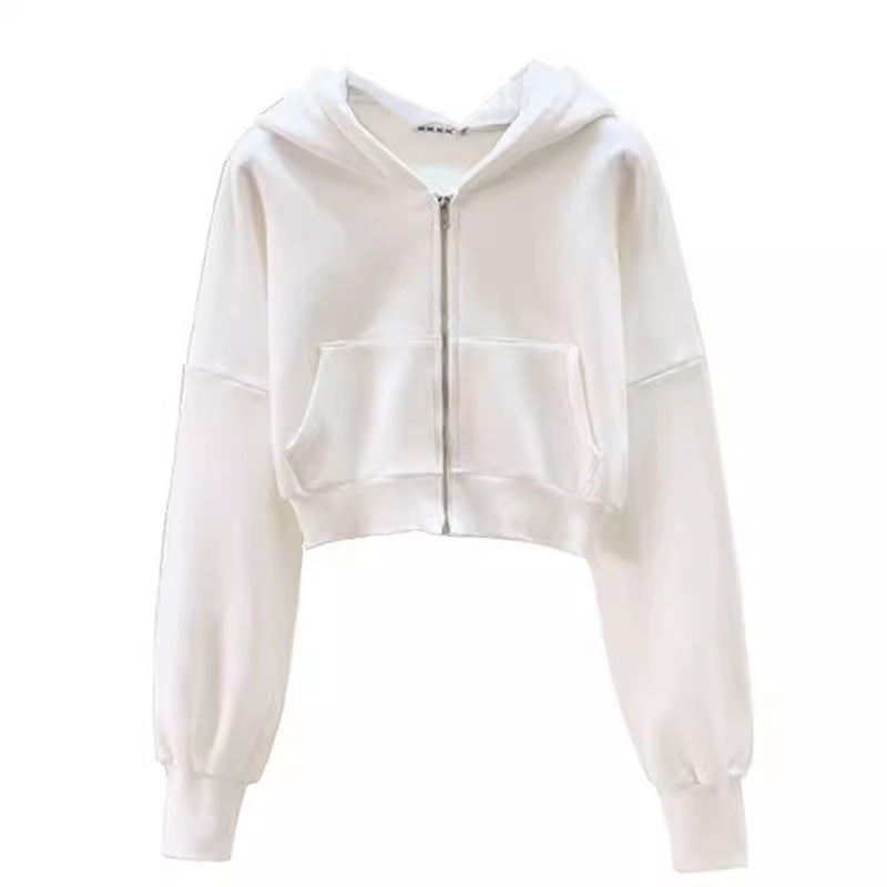 Women's Cotton Zipper Hoodie Streetwear Short Crop Sweatshirt