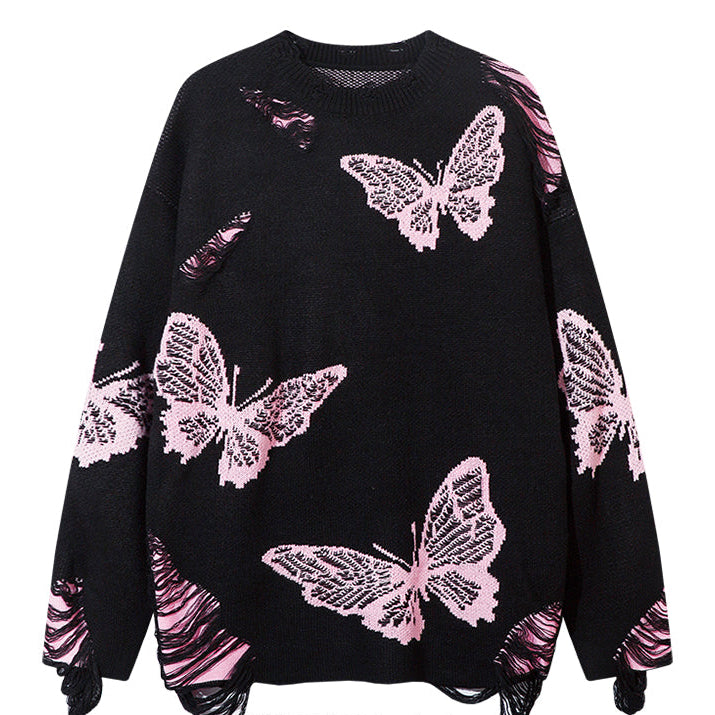 Butterfly Pattern Knit Sweater Long Sleeve Casual Pullover